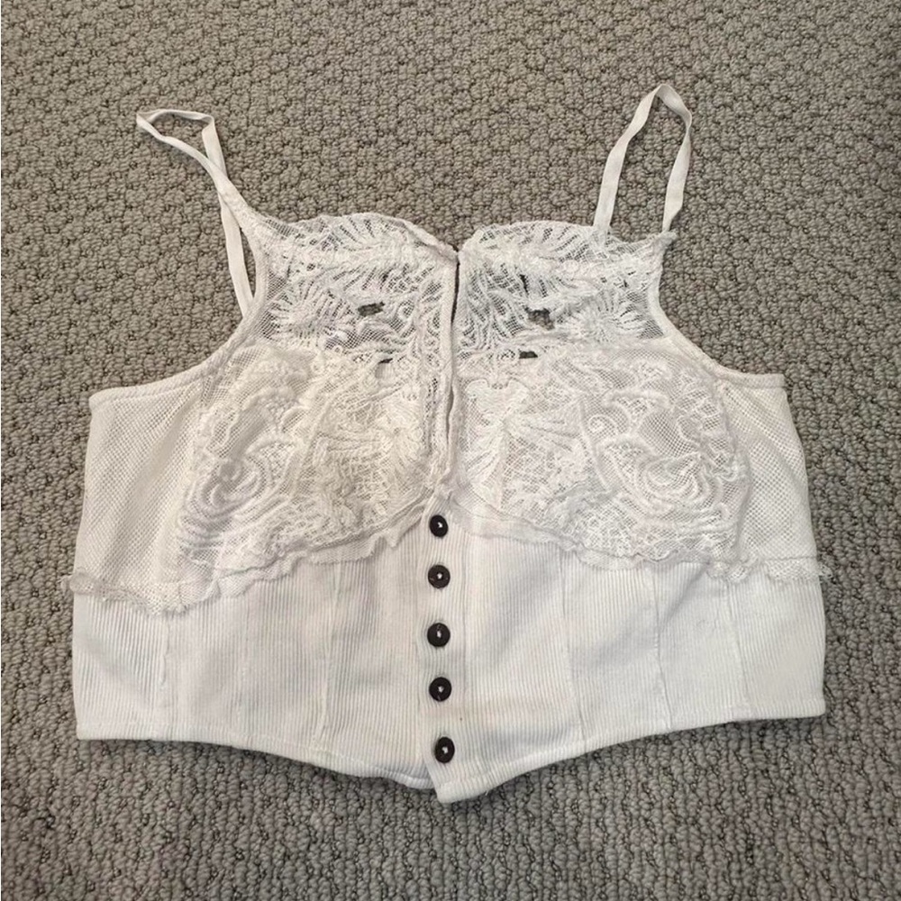 Free People White Lace Button-Up Tank Top